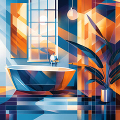 Vector illustration of a mordern bathroom with window and bathtub, wash basin and potted plant - obrazy, fototapety, plakaty