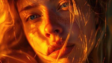 Portrait of blond woman with long hair, orange light on face, blue eyes