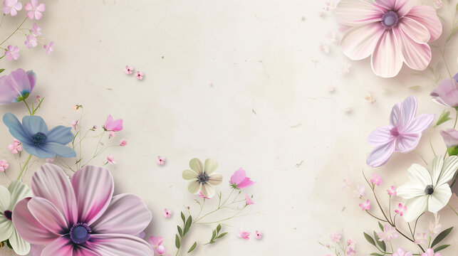 spring flowers on beige background with copy space