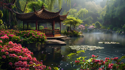 A vibrant Japanese garden teeming with lush foliage, delicate blossoms, tranquil ponds, and winding paths, evoking serenity and harmony in a symphony of nature's beauty.