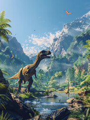 A breathtaking prehistoric landscape featuring towering mountains, lush forests, and cascading waterfalls, with majestic pterodactyls soaring through the azure sky above a diverse array of dinosaur.