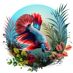 Interesting angle-view pose shot. Illustration Thai art style graphic 2D flat colorful style vector gradient semi-realism gold-red-blue-green tone. Dynamic pose. A male betta fish flaring its gills an