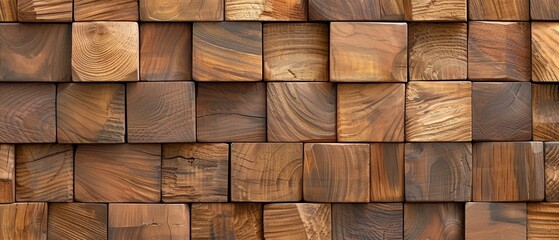 A wide-angle view of a wall featuring a textured mosaic created from an assortment of dark, and light brown wooden blocks with various grain patterns.