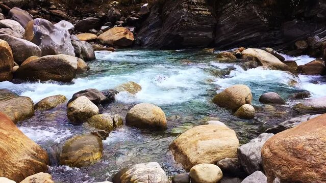 Timelapse of Turquoise blue glacial water of Parvati River in Himalayas, India