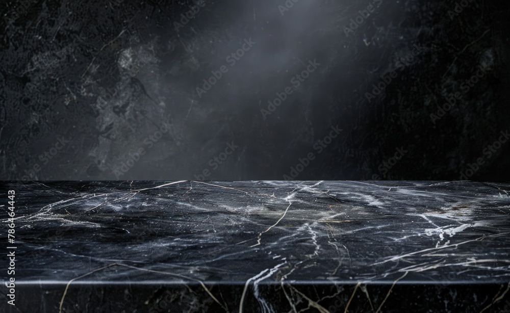 Poster black marble table top with a white line and dark background. generate ai image