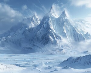 Majestic mountain range under a hazy sky, with peaks covered in pristine white snow, conveying winter's awe-inspiring beauty.