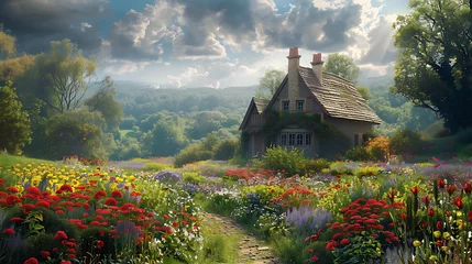 Fotobehang An English garden with vintage stone house. Quintessential charm captured in serene scenery, blending historical architecture with lush flora, inviting viewers to wander through tranquil beauty. © Christian