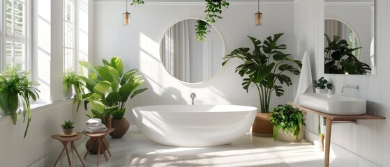 A stunning bathroom space filled with lush, vibrant greenery and natural elements, creating a tranquil and rejuvenating atmosphere with a stand-alone bathtub as the focal point.