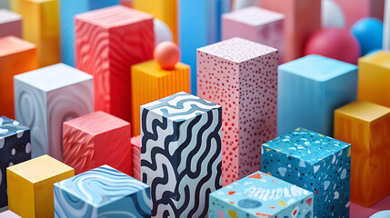 Vivid and colorful abstract of various patterned blocks and spheres, evoking a playful and creative...