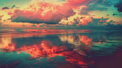 colorful sunset in the sea with reflections and clouds - vintage retro look