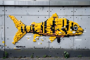 Naklejka premium Vibrant Lego-Inspired Pixelated Fish Mural Adorning Urban City Wall