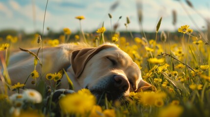 Dog sleeping in a field of yellow flowers