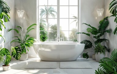 A luxurious bathroom transformed into a verdant tropical retreat, with a freestanding bathtub surrounded by an abundance of thriving plants and large windows showcasing the lush outdoor landscape. - obrazy, fototapety, plakaty
