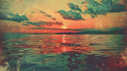 colorful sunset in the sea with reflections and clouds - vintage retro look - obrazy, fototapety, plakaty