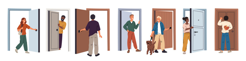 People in doorways. Persons come out or in. House entrances and exits. Open and closed doors. Knocking woman. Man peeking out. Guy and girl leaving home with dog. Garish vector set