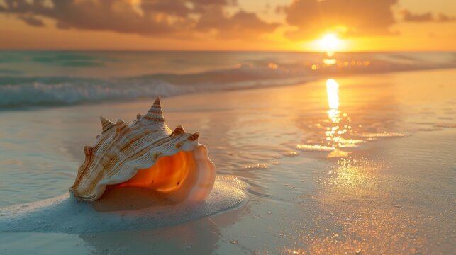 Conch shell on the beach at sunset