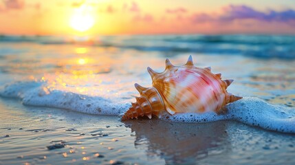 Conch shell on the beach at sunset