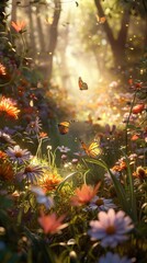 A serene garden bathed in sunlight, where vibrant butterflies flutter among colorful blossoms on a peaceful day.