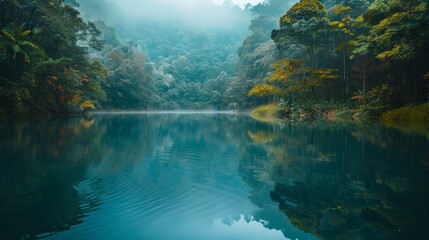 A tranquil forest scene with dense green trees perfectly reflected in the still, glass-like surface of a serene lake.