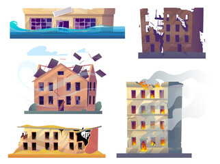 Natural disasters destroy city buildings. Urban ruins. Abandoned houses. Damaged constructions. Emergency situation. Destruction from flood or earthquake. Dilapidated homes vector set