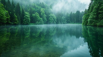 A tranquil forest lake enveloped by early morning mist, reflecting dense, green woodland.