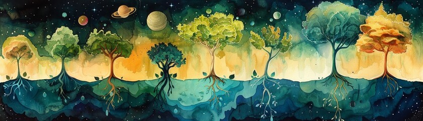 A planet where trees grow upside down, their roots in the air and leaves underground, painted whimsically in watercolors