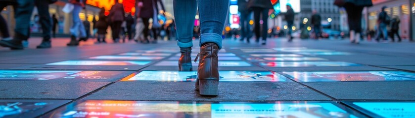 City sidewalks where each paving stone displays news or art as you step on it, illustrated in a mosaic of changing scenes