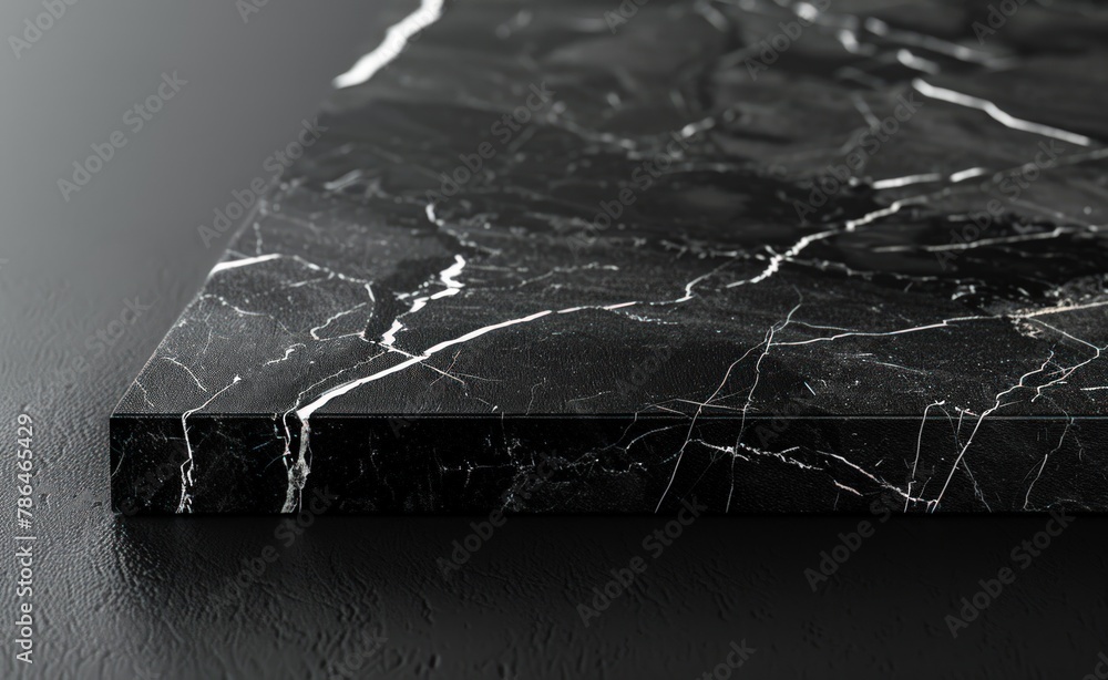 Poster black marble table top with a white line and dark background. generate ai image