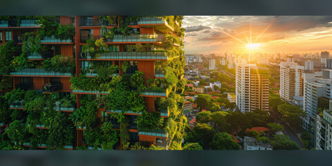 green building with balconies full of greenery overlooking the city at sunset.ecofriendly building design, urban landscape, green environment