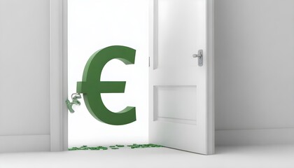 A large green Euro currency symbol entering through an open white door
