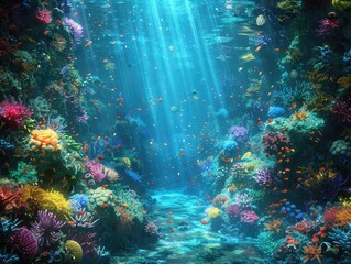 Naklejka na ściany i meble A vibrant underwater coral reef teeming with colorful fish and exotic marine life, with shafts of sunlight filtering through the clear blue water underwater wonderland The beauty of the reef