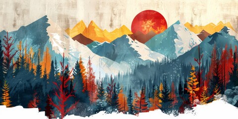 Mountain landscape with red sun