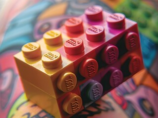 Naklejka premium Vibrant and Tattooed Lego Brick with Geometric Patterns and Vibrant Colors