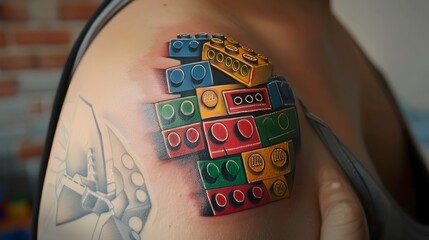 Naklejka premium Vibrant and Unique Lego-Inspired Tattoo on Shoulder