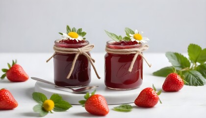 A glass jar filled with red strawberry jam