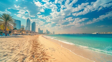 Dubai jumeirah beach with marina skyscrapers in UAE. Popular public JBR beach - obrazy, fototapety, plakaty