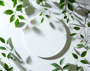 a white circle paper and green leaves on a white background, in the style of minimalist ceramics, circular abstraction, softbox lighting, fauna and flora accuracy, high-angle