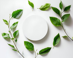 a white circle paper and green leaves on a white background, in the style of minimalist ceramics, circular abstraction, softbox lighting, fauna and flora accuracy, high-angle