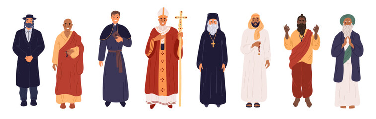 Different religions priests. Religious characters in ceremonial clothes. God worship. Christian and Muslim. Various faith prayers. Judaism, Islam or Hindu people. Garish vector set