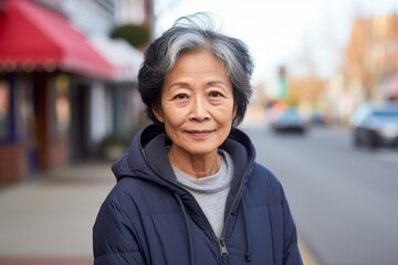 Portrait of a tender asian woman in her 70s wearing a zip-up fleece hoodie in front of charming small town main street - obrazy, fototapety, plakaty