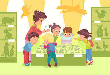 Children in exhibition hall. Curious kids with guide looking at animals exposition. Insects and herbarium at natural science museum. Educational exposition. Splendid vector concept