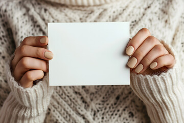 Close-up of Hand Holding a Blank White Card with Neutral Background