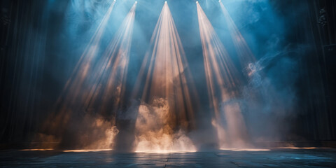 Empty concert stage with illuminated spotlights and smoke. Stage background , white spotlight and smoke, empty black stage with  blue orange spotlights - obrazy, fototapety, plakaty