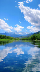 Panoramic Serenity: Owens River Against a Backdrop of Snow-capped Mountains and Azure Skies