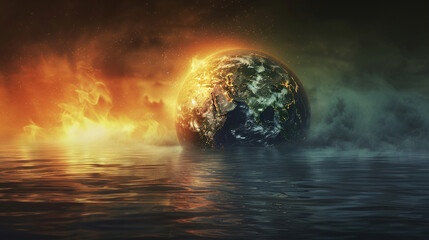 A dramatic depiction of Earth with visible effects of climate change  melting ice caps and rising sea levels evoking a sense of urgency