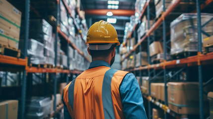 Detailed portrayal of a diligent warehouse worker in a hard hat  attentively navigating through a busy industrial setting