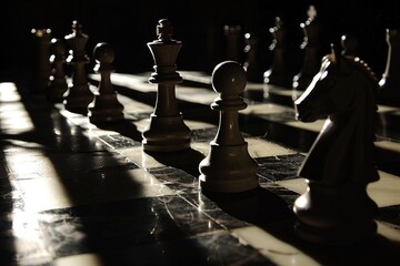 Close-up of a chessboard with pieces in focus suggesting strategy and competition - obrazy, fototapety, plakaty