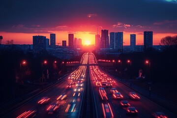 A highway stretching towards the city skyline at dusk, with towering buildings and a vibrant sky in...