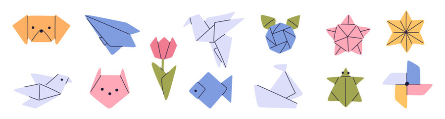Cartoon origami. Different paper shapes. Tulip flower. Ship and plane. Polygonal animals. Japanese art. Pinwheel and star. Asian crane bird. Geometric folded zoo forms. Garish vector set