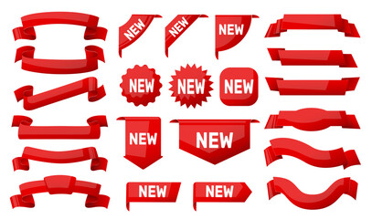 Cartoon label ribbons. Sale red badges. Discount stickers. Fabric strips. New arrival banners. Price offer templates. Bookmark or corner tapes. Award stamps. Vector shopping tags set
